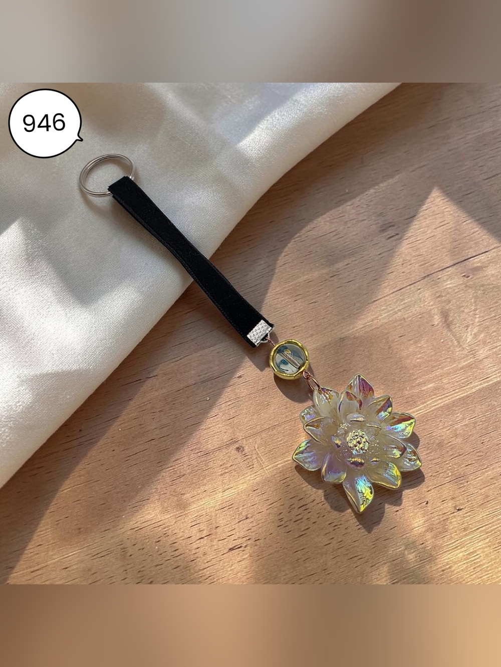 Iridescent Yellow Flower Keychain – Black Velvet Strap Bag Charm - Picture 2 of 5
